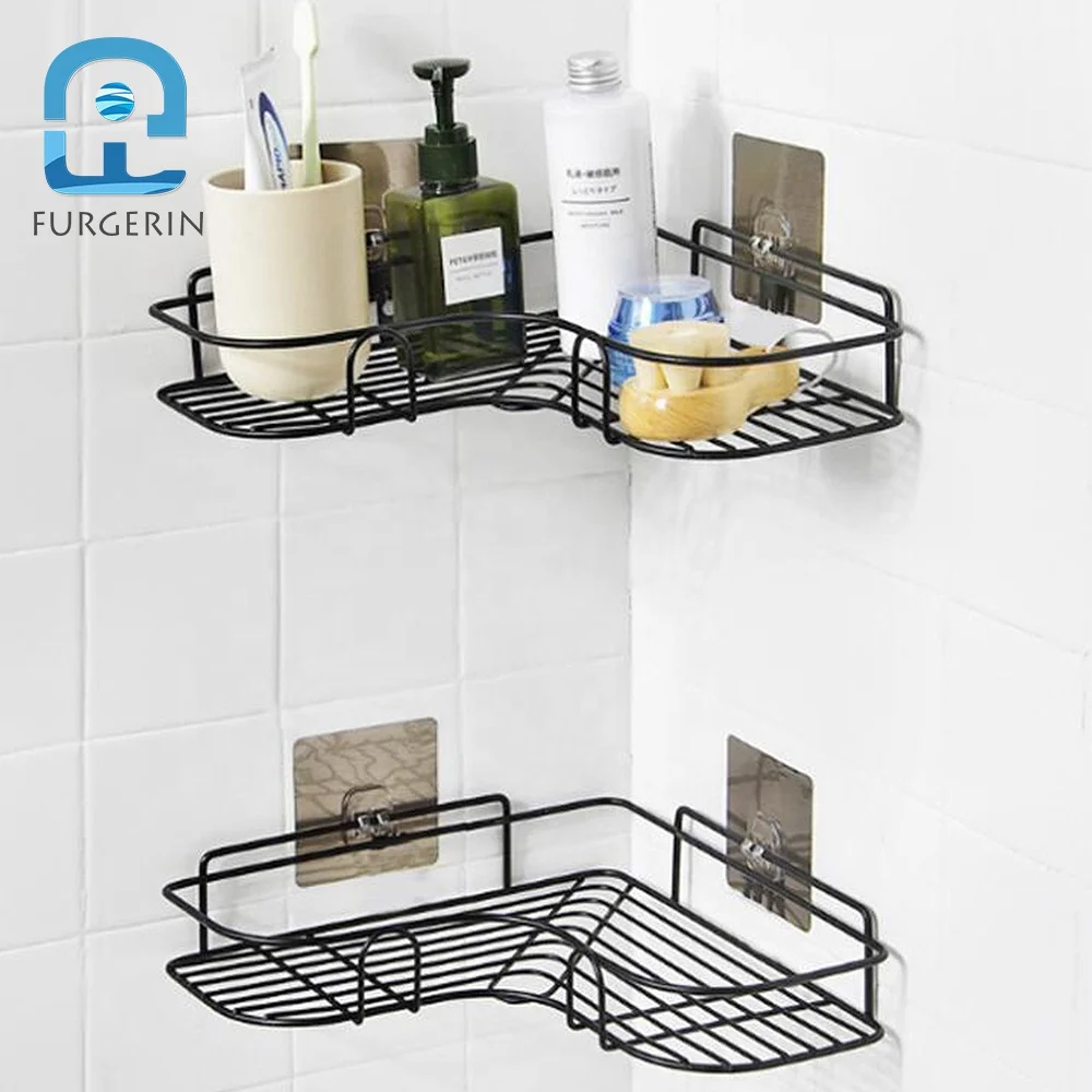 

No Drilling Wall Mount Corner Mounted Shelves Space Saver Adhesive Kitchen Bathroom Shelf Home Decor Shower Storage Organizer, Black, white