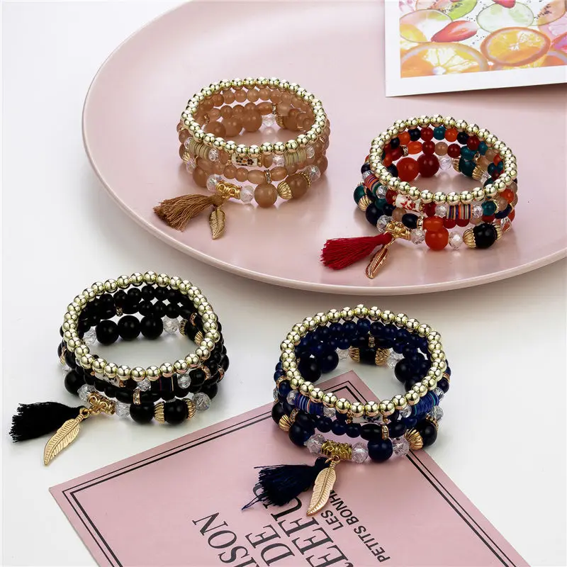 Boho Crystal Beads Bracelets for Women Vintage Bracelet Female Jewelry Tassel Feather Charms Wristband Gift Pulseira Feminina