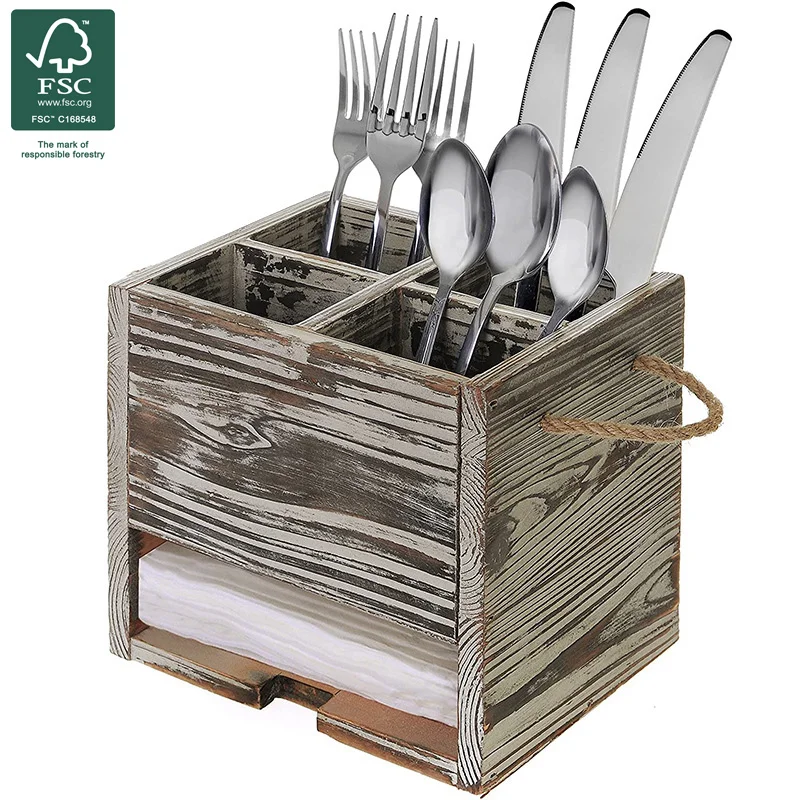 

Creative gray retro style 4-compartment napkin holder wooden cutlery storage box twine handle
