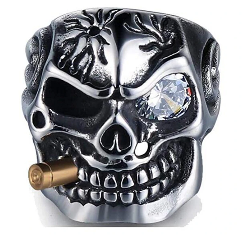 

Vintage Stainless Steel Gothic Skull Smoking Bullet Biker Cocktail Party Ring