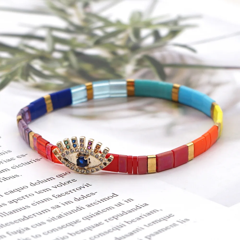 

Bohemian Rainbow Miyuki Tila Bracelet Handmade Eye Charm Seed Beads Bracelet Beach Gifts For Women Friendship Jewelry, Multi