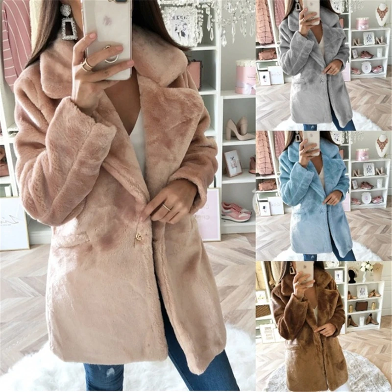 

Wholesale Latest New Fashion Design Women Solid Jacket Winter Casual Long Faux Fur Coat, Customized color