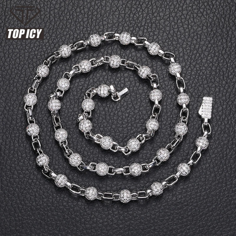 Iced Out Beaded Necklace 18K Gold Plated 5A CZ Shiny 6mm Ball Chain Hip Hop Jewelry Men's Necklace