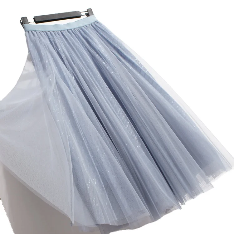 

2022 Spring British Bright Silk Yarn Skirt Fluffy Pleated Fairy A Line Skirt Medium Length Elegent Temperament Slim Skirts, As the pictures