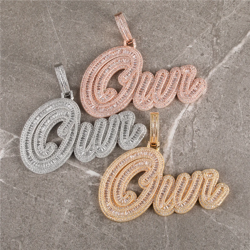 

Iced Out Baguette Cursive Script Custom Name Pendant Necklace Solid Back Layered Initial Letter Cubic Zircon Unisex Jewelry