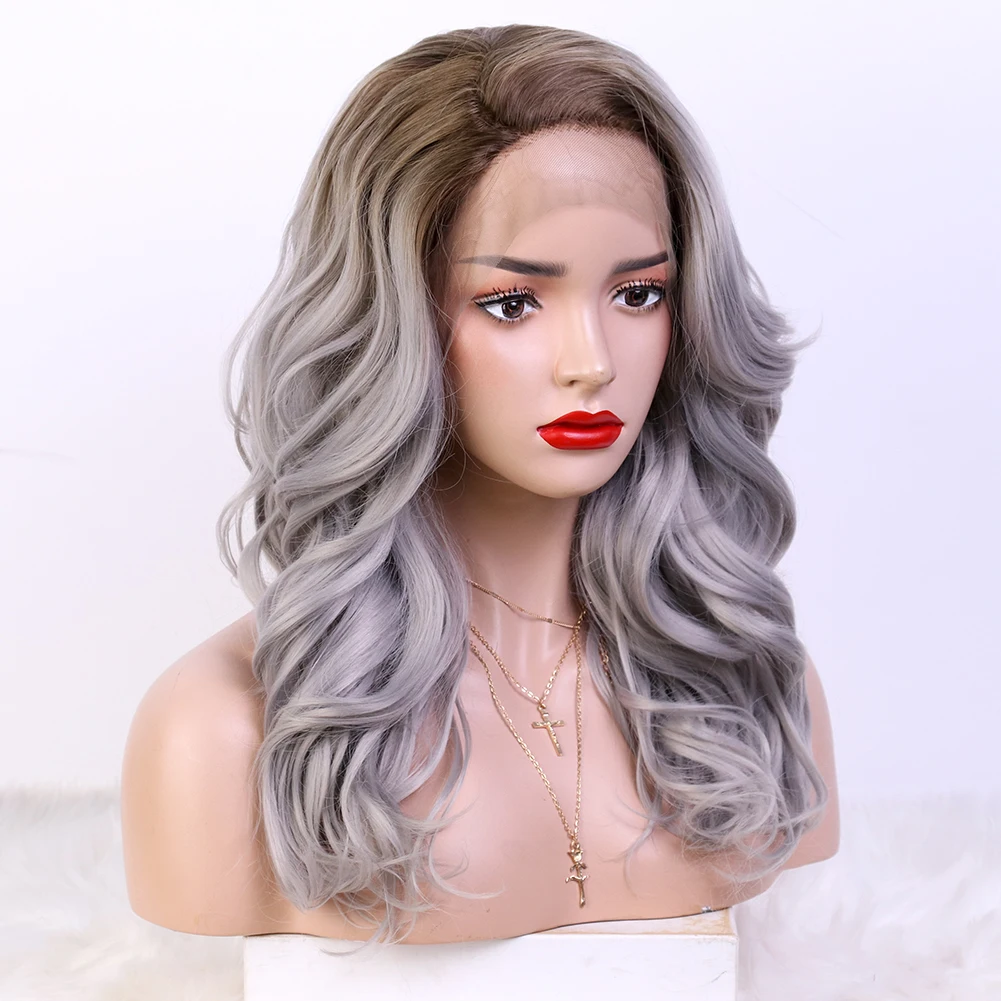 

Gray Synthetic Short Wigs Loose Wavy Hair Brown Ombre Gray Front Lace Wig High Quality Synthetic Hair Supports Wholesale Custom