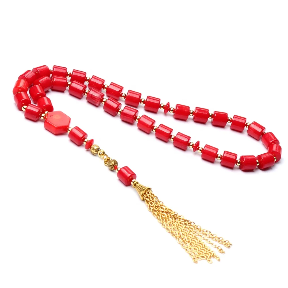 

High Grade Natural Coral Rosary Cylinder 7*7mm 33 Sibha Islamic Red Prayer Beads Muslim Tasbih Gold Tesbih Misbaha