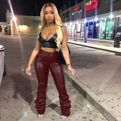 

Skinny Ladies Trousers 2022 Autumn High Elastic Waist PU Leather Bodycon Stacked Pants For Women
