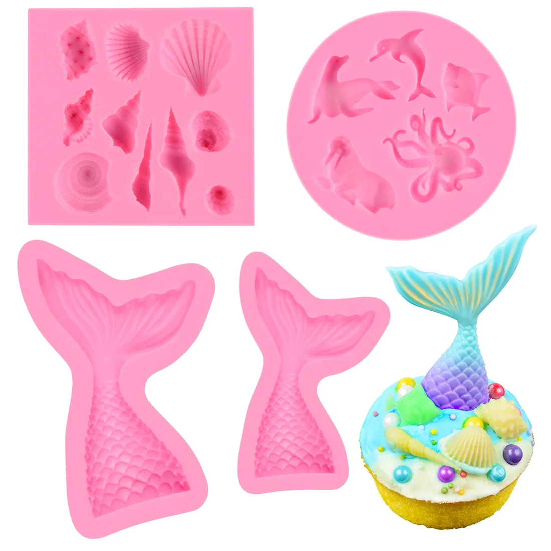 

Marine theme fondant silicone mold seashell conch Mermaid tail DIY handmade baking tools for Mermaid theme cake decoration