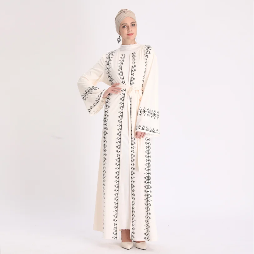 

2020 Arab Turkey Simple Classic Printing With White Cardigan Long Dress Muslim Women's Wear Abaya Dubai, As shown