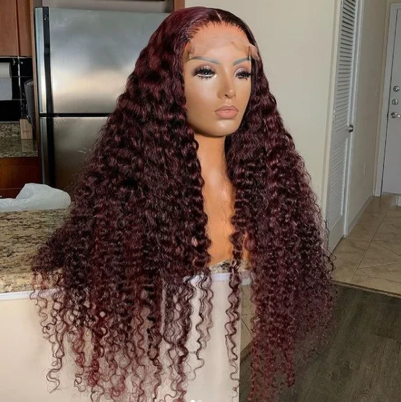 

Mongolian 99j Burgundy color water wave curly Full lace front 360 Human Hair Hd Transparent Lace Frontal burgundy Red curly Wig