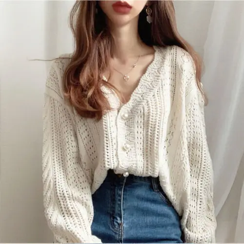 

Knit sweater cardigan jacket female spring and autumn 2021 new Korean version of loose super fairy sweet hollow sweater, As pictures
