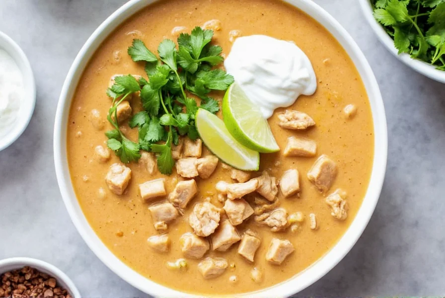 Serving bowl of creamy chicken white chili with toppings including sour cream, cilantro, and lime wedges
