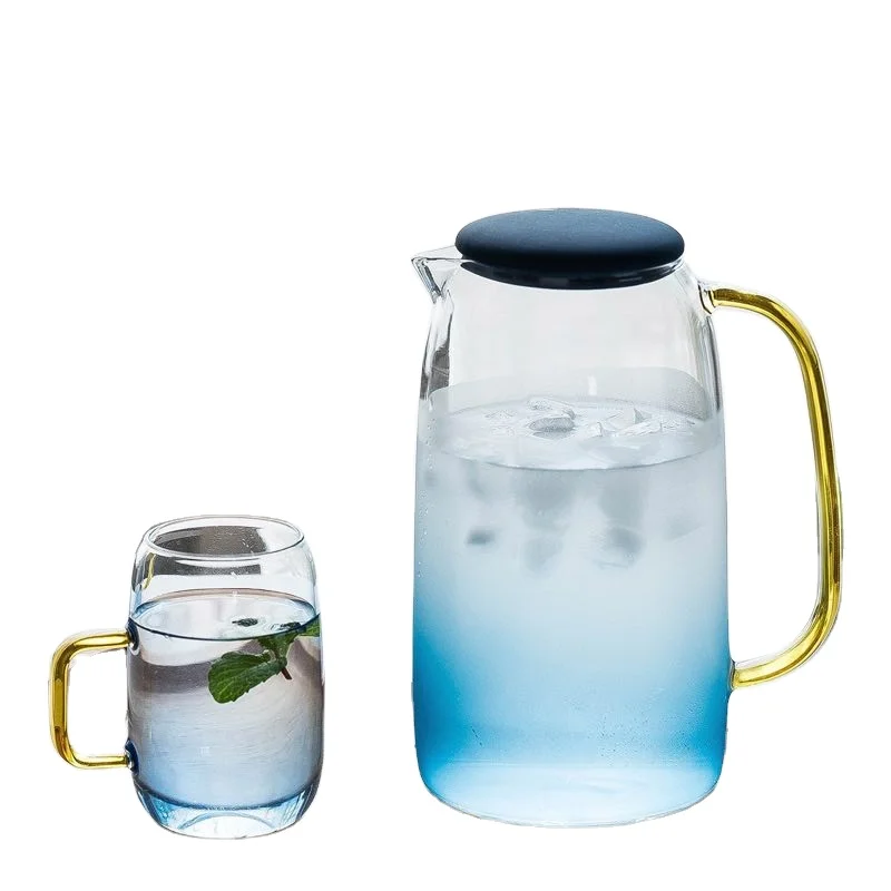 

52oz Clear Borosilicate Glass Blue Color Water Pitcher/Jug With BPA-Free Silicone Cover