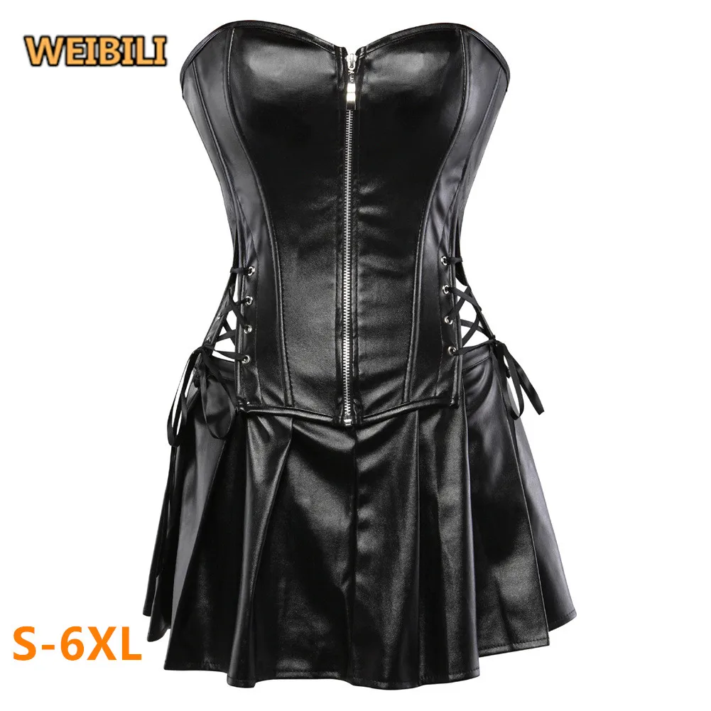 

Black Leather Corset With Skirt Gothic Faux Overbust Corselet Corset Sexy Lingerie Plus Size Corsets and Bustier