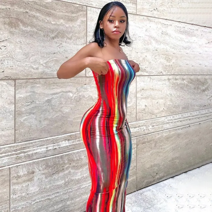 

2021 spring women clothing wholesale off shoulder sleeveless tie dye colorful printed striped bodycon long maxi dress, Red/grey/blue/light blue/yellow/green blue