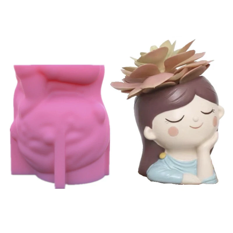 

Low MOQ 3D smile girl flower pot mold diy princess lady portrait flowerpot silicone molds, Random