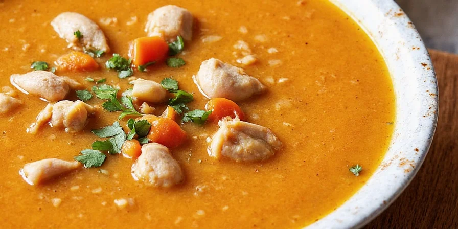 Final beautiful shot of spiced chicken soup with herbs
