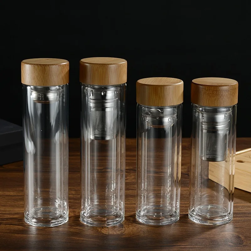 

high-capacity portable double wall insulated stainless steel borosilicate glass drinking water bottle leak proof with Bamboo Lid