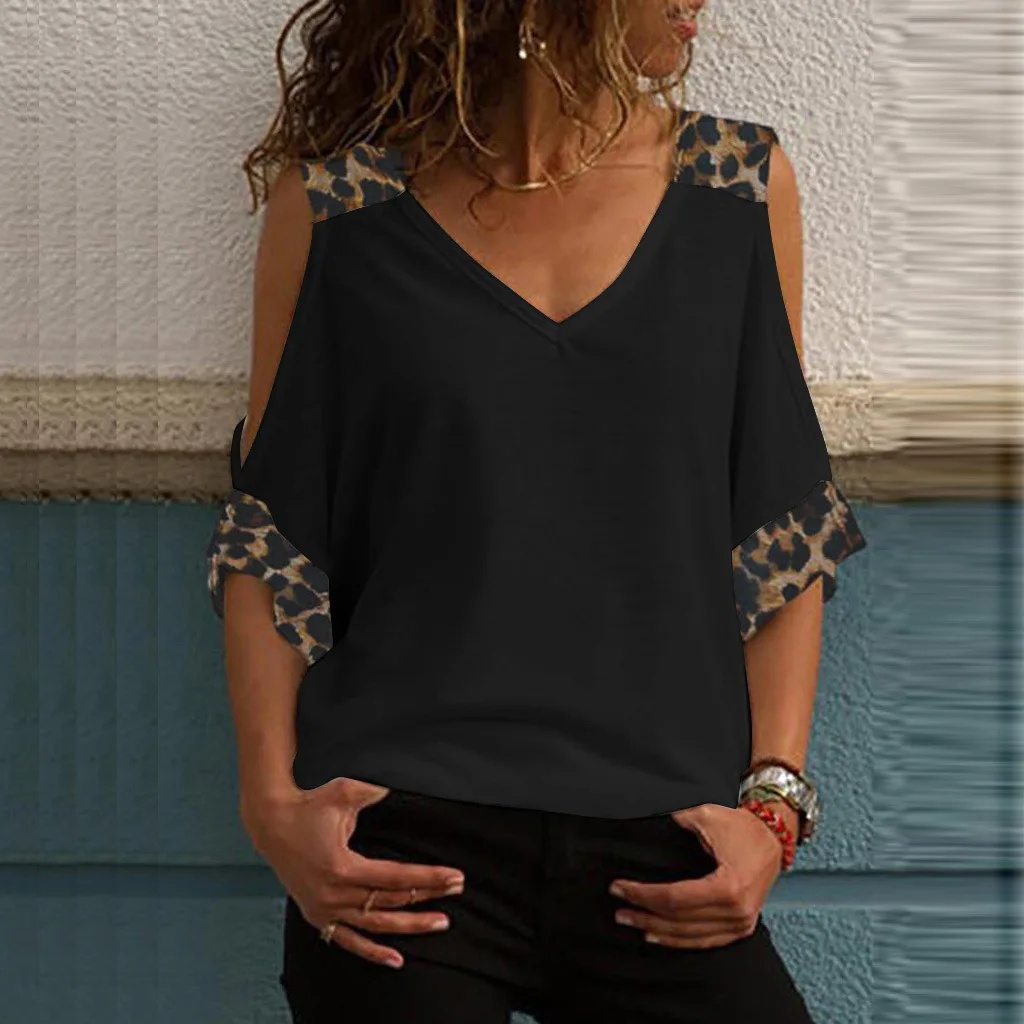 

Women Casual Color Block V-neck Cold Shoulder Top Blouse, Photo show