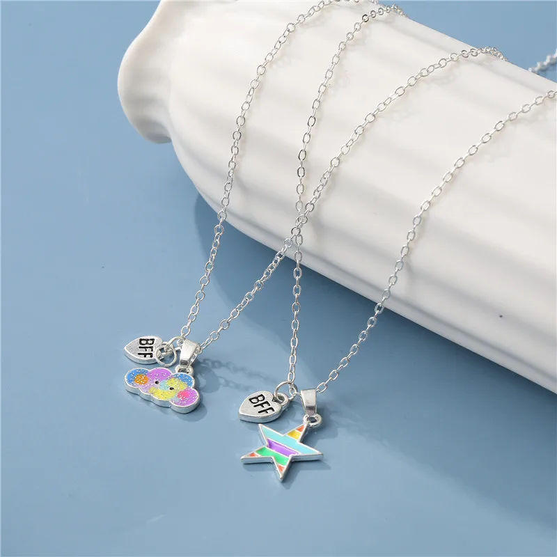 

Children Sweet Silver Chain BFF Jewelry Sets Colorful Enamel Cartoon Star Cloud Pendent Necklaces For Kids, Multi