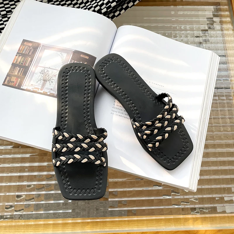 

Summer Ladies Square Toe Flat Slides Fashion Women Straps Decoration Female women's Sandals Beach Lady Shoes, Black, brown and beige