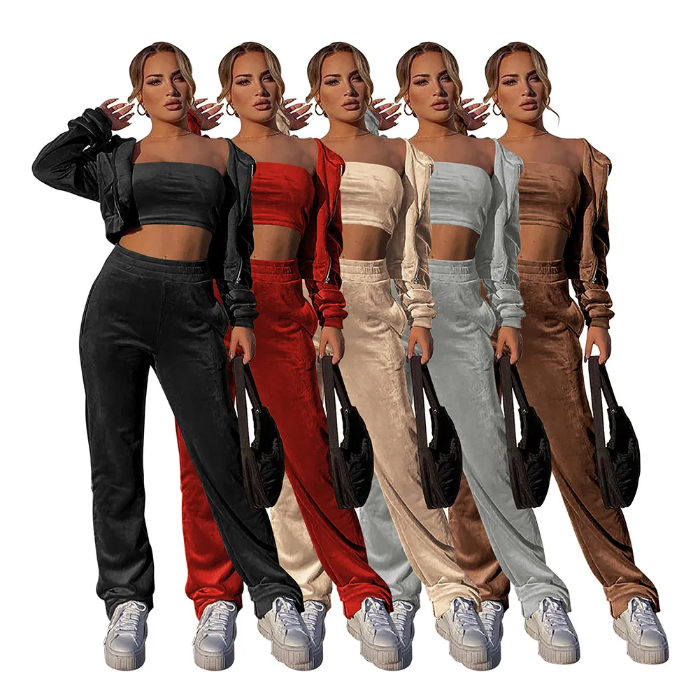 

2021 New Wholesale High Quality Solid Korean Velvet Crop Top Sports And Hoodie Three Piece Tracksuit Set, Picture shows