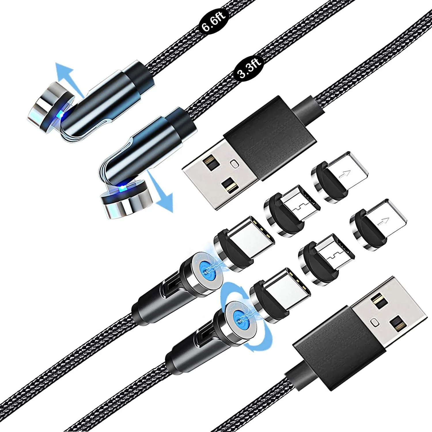 

2 Packs 3.3FT 6.6FT 540 Rotation Powerful Magnetic Charging Cable Nylon Braided Type c Micro usb Lightnging Charging Cable, Black/red