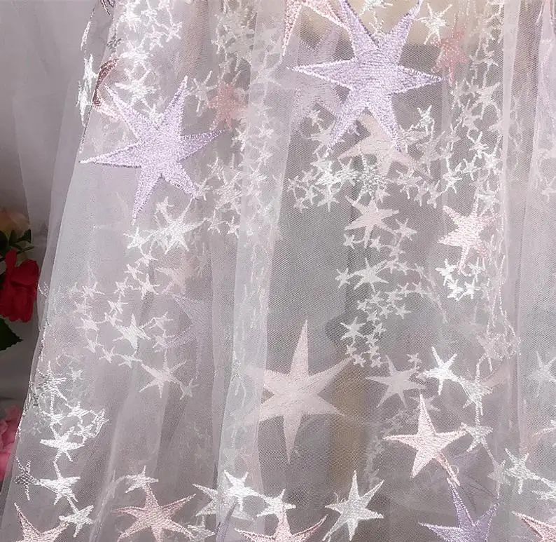 

Stars Lace Fabric - Ivory/Pink/Purple Star Fabric, Embroidered Stars Tulle Fabric, Wedding Dress Fabric 57" Width 1 Yard