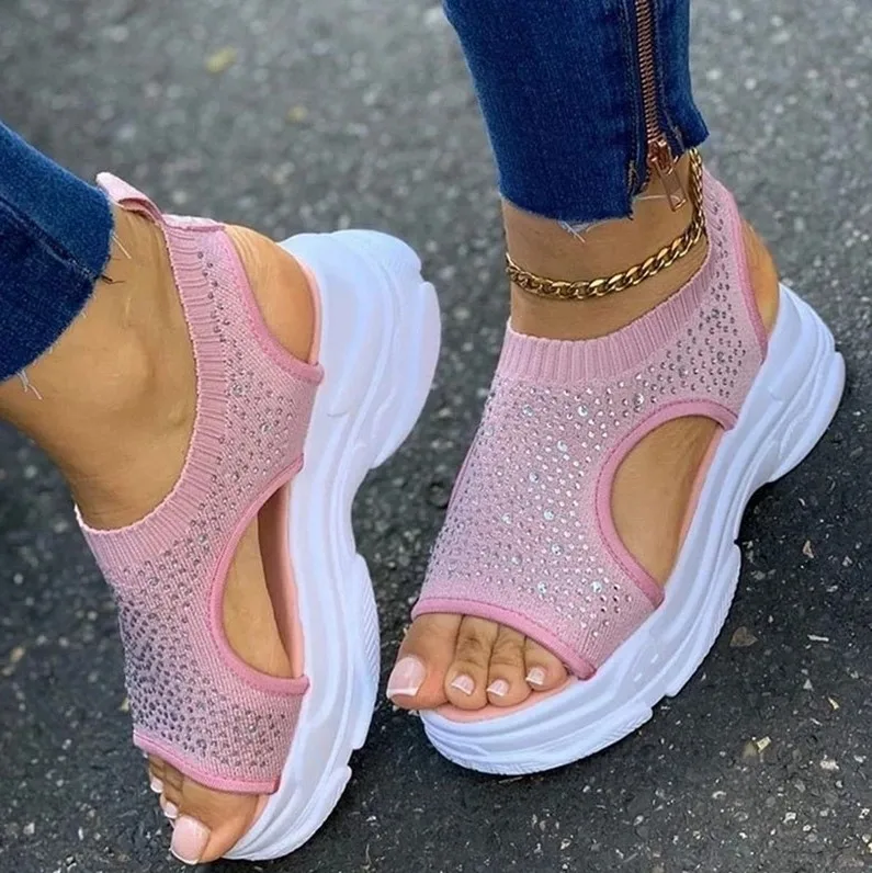 

hb2650n Women Sandals Female Shoes Woman Summer Wedge Comfortable Sandals Crystal Bling Ladies Slip-on Flat Sandals