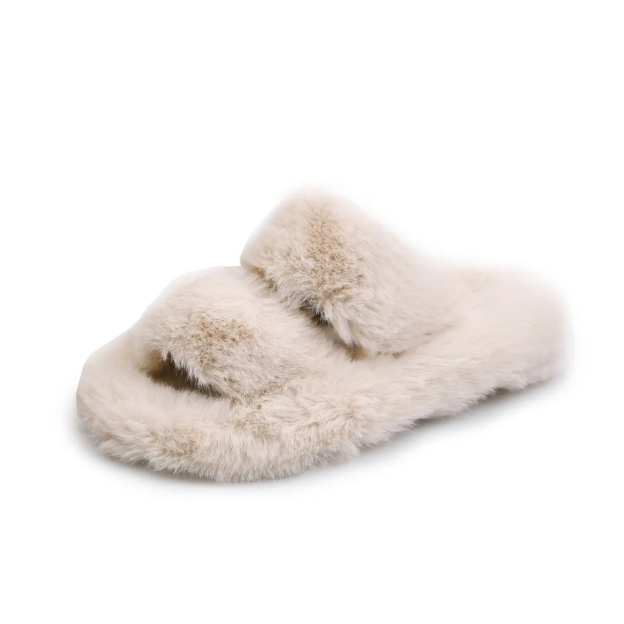 

Versatile Faux Open Toe Mule Fluffy Slipper Woman 2 Strapped Variety Colors Real Wool Vegan luxe Fur Slider Slippers