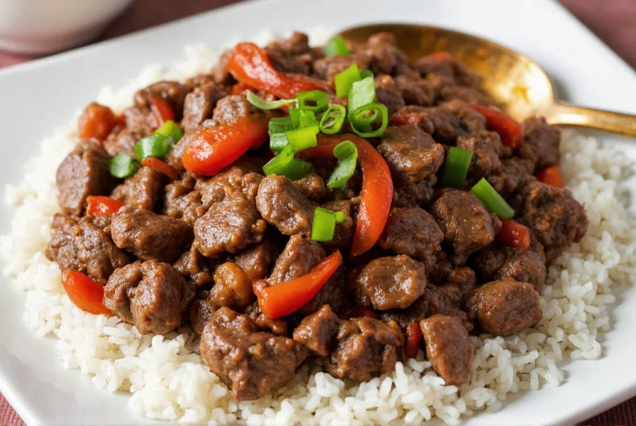 Black pepper beef served over steamed jasmine rice with broccoli florets and sliced green onions