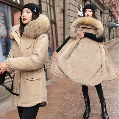 

New 2020 Winter Jacket Women Coats Artificial Raccoon Hair Collar Female Parkas Black Thick Cotton Padded Lining Ladies Coats