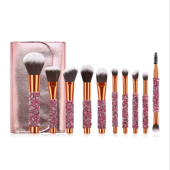 

HZM Rose golden Glitter Handle 10pcs with PU Bag Makeup wholesale brushes Custom Logo Private Label, Blue, pink, gold, gray