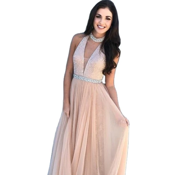 

Elegant Halter Neck Evening Dress Backless Sequins Beads Keyhole Formal Party Ball Prom Gown Robe Plus Size Special Occasion, Pink