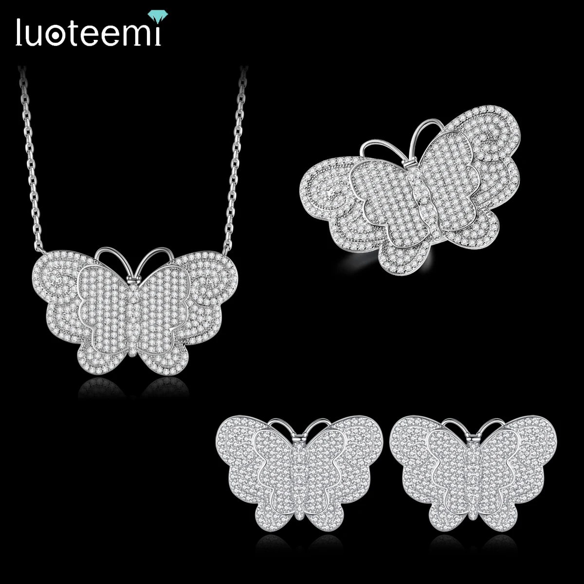 LUOTEEMI Necklace Woman Fashion Zircon Earing Lady Pendant Ring Butterfly Cubic Zirconia Jewelry Set