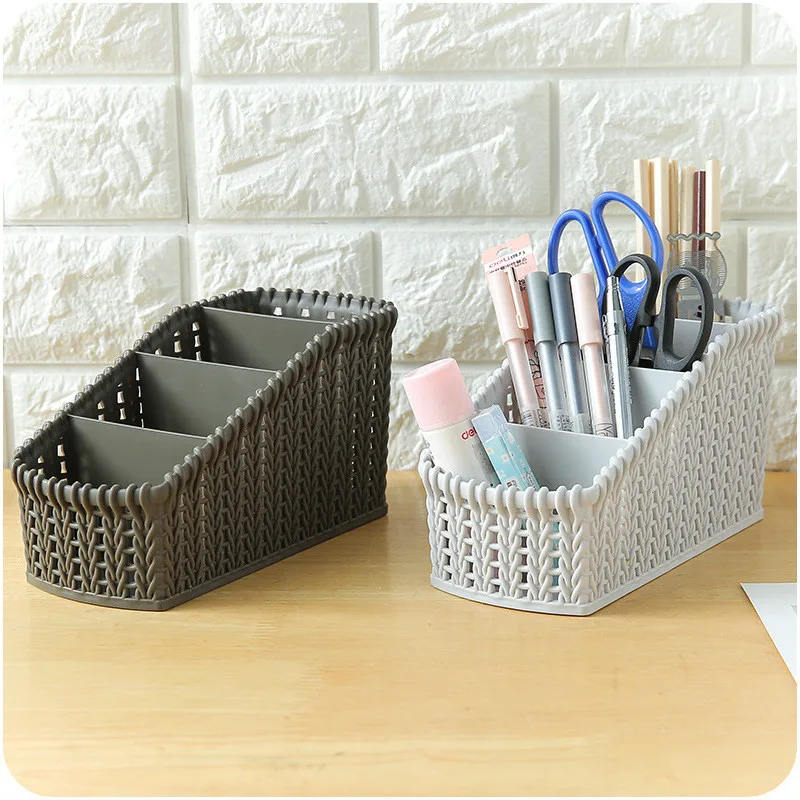 

Cosmetics Storage Container Plastic Makeup Organizer Box Rattan Baskets Desktop Sundries Makeup Box For Bathroom, As photo