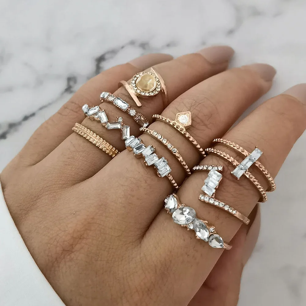 

10 Pcs/Set European American Personality Fashion Geometric Ring Joint Ring Multi Rhinestone Midi Ring Set, Gold