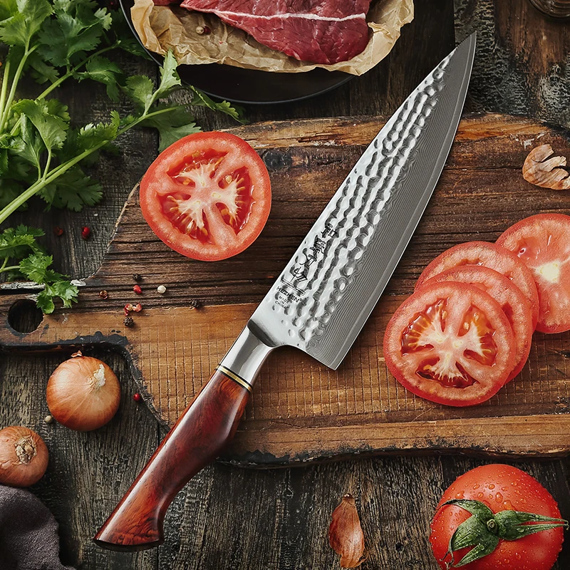 

HEZHEN Luxury 14Cr core powder Damascus steel kitchen chef knife with natural rosewood