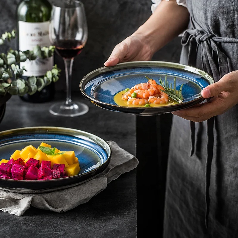 

European Kiln Turn Blue Western Food Fruit Salad Plate Creative Ceramic Steak Main Meal Dessert Plate Hotel Restaurant Tableware