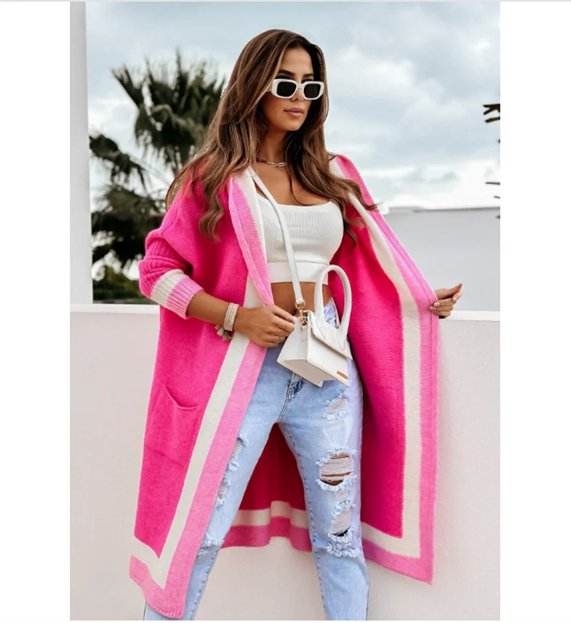 Hooded Sweater Coat 2023 Autumn and Winter New Color Blocking long Women's Sweater Coat S-L Women's Warm jacket