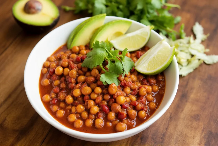 Bowl of chickpea chili served with avocado slices, fresh cilantro, and lime wedges on a wooden table