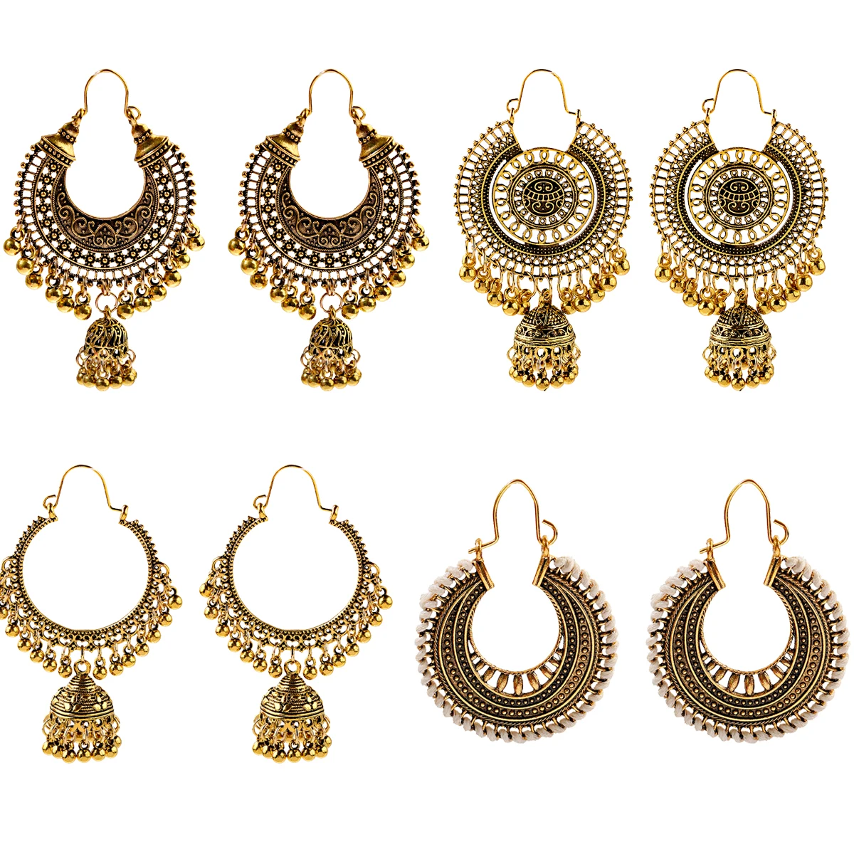 

4 Pairs/Set Indian Jhumka Jhumki Ethnic Dangle Earring Sets Women Vintage Silver Gold Long Tassel Bell Drop Bollywood Earrings