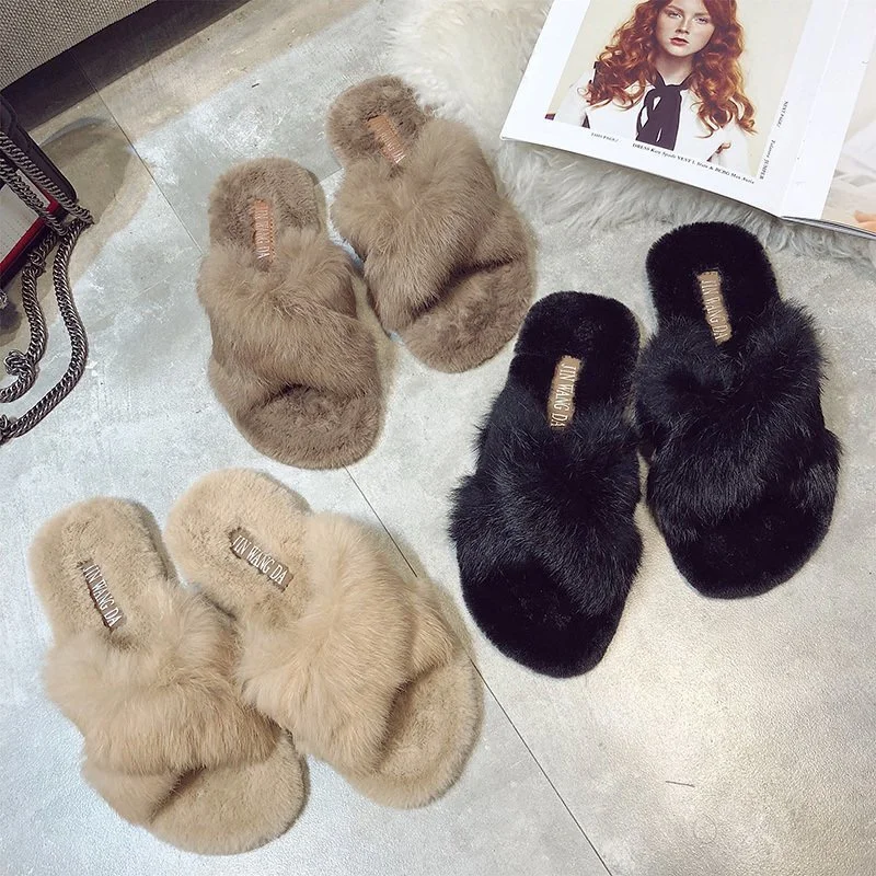 

RTS Women Indoor Slippers Faux Fox Fur Fluffy Sandal Slippers, Many colors