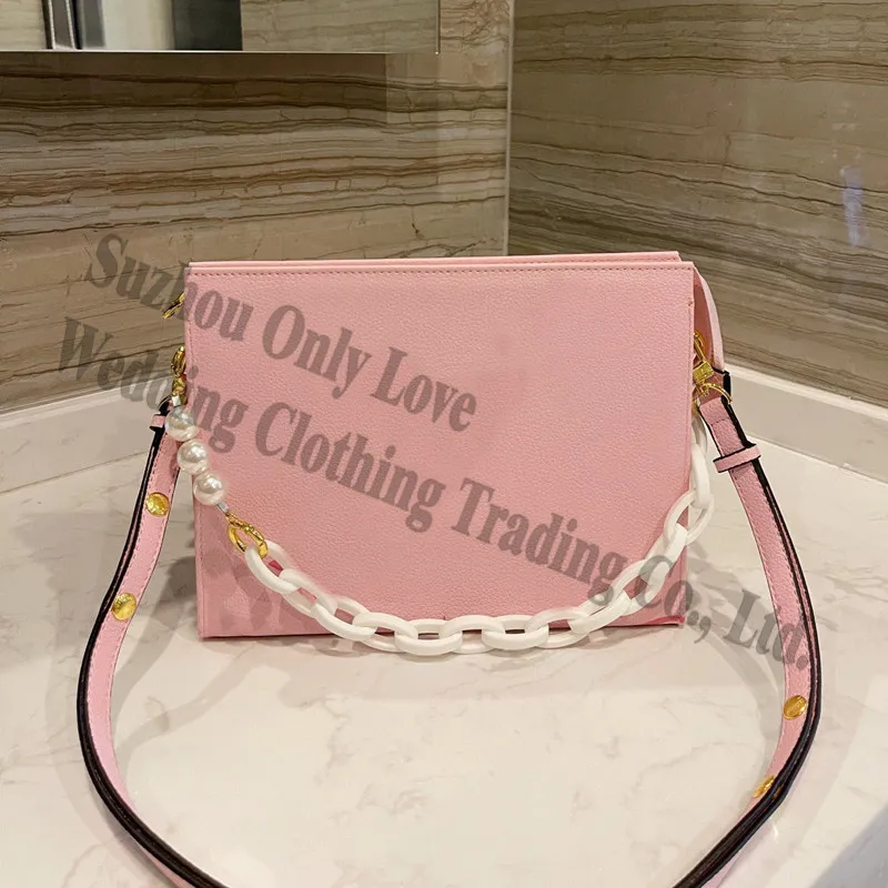 

Woman New Beauiful Pink Ivory Square Clutch Ladies Chain Zipper Shoulder bags All Over Characters Flowers Real leather Hand Bag