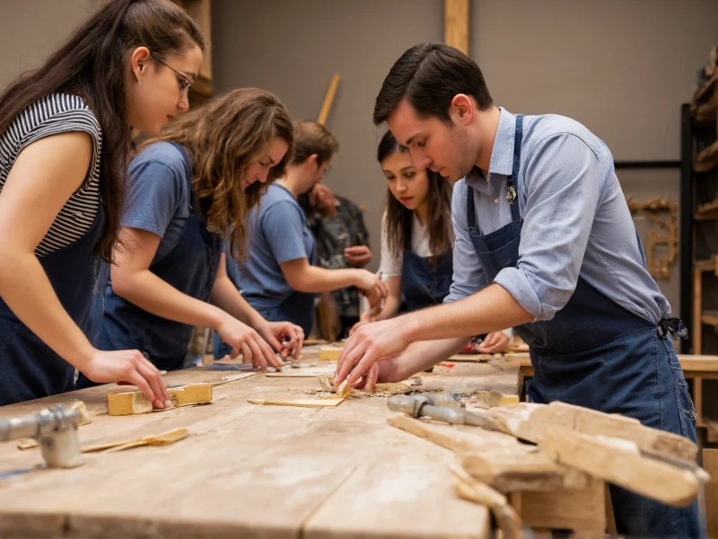 Diverse group collaborating in community maker space with woodworking tools