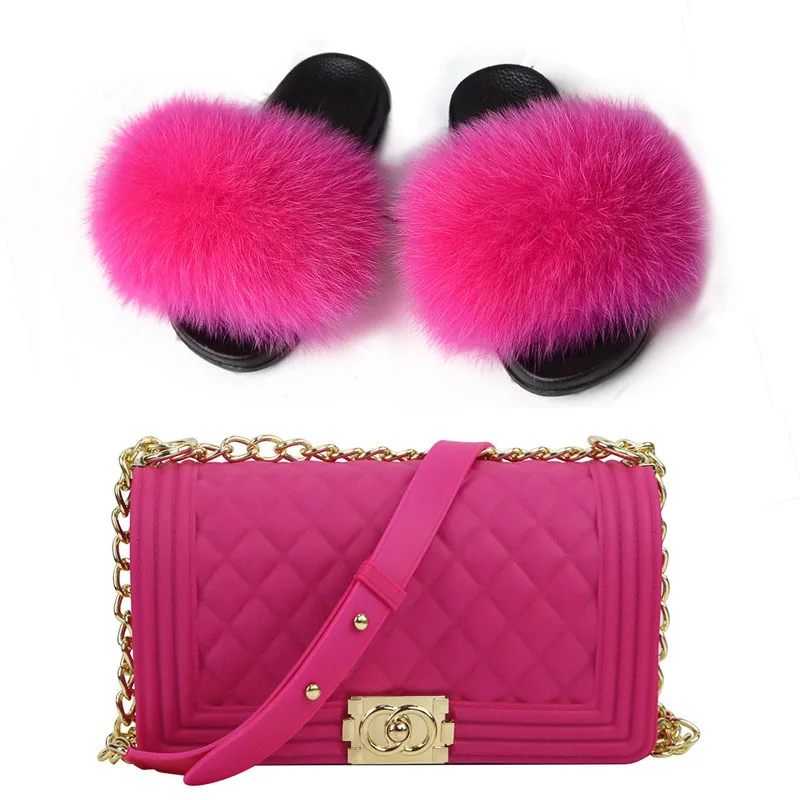 

Hot Sale Mix colors women cheap luxury faux fox fur pvc slippers withjelly handbag