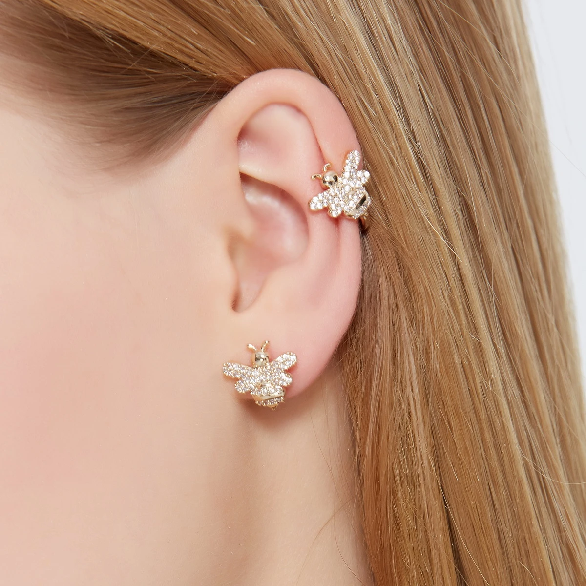 

Luxury Trendy Cuff Earrings 18K Gold Yellow Women Ear Clip Cubic Zircon Jewelry Stylish Bee Stud Earrings, Picture