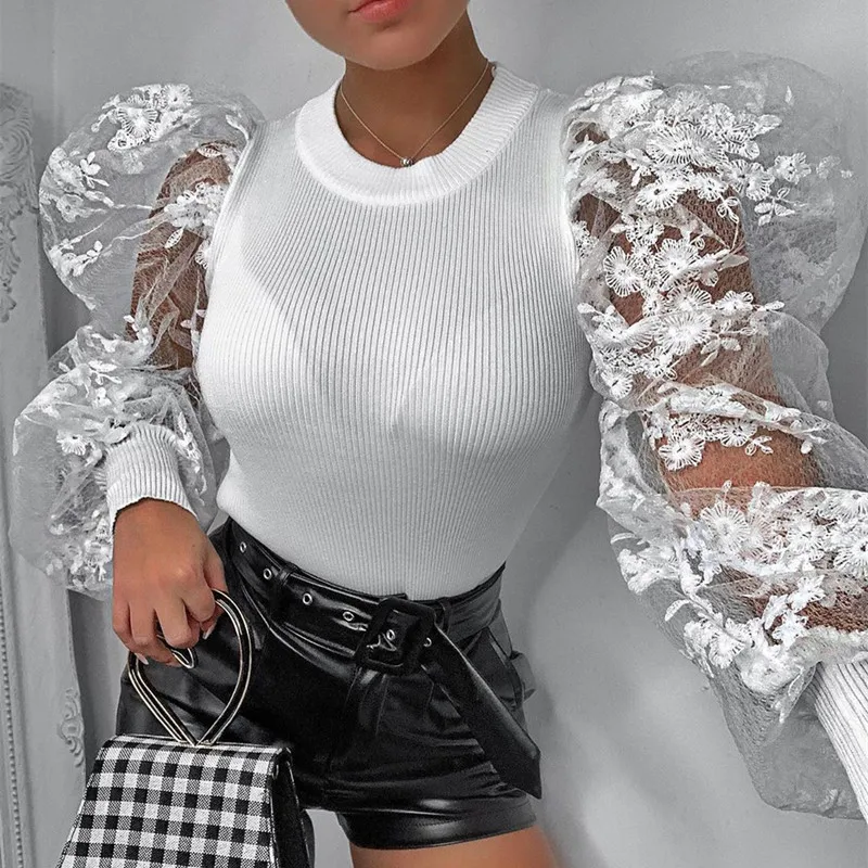 

2020 Fashion Mesh Long Floral Lace Puff Sleeve Transparent Sexy Blouse for Ladies New Women Tops, 2 colors