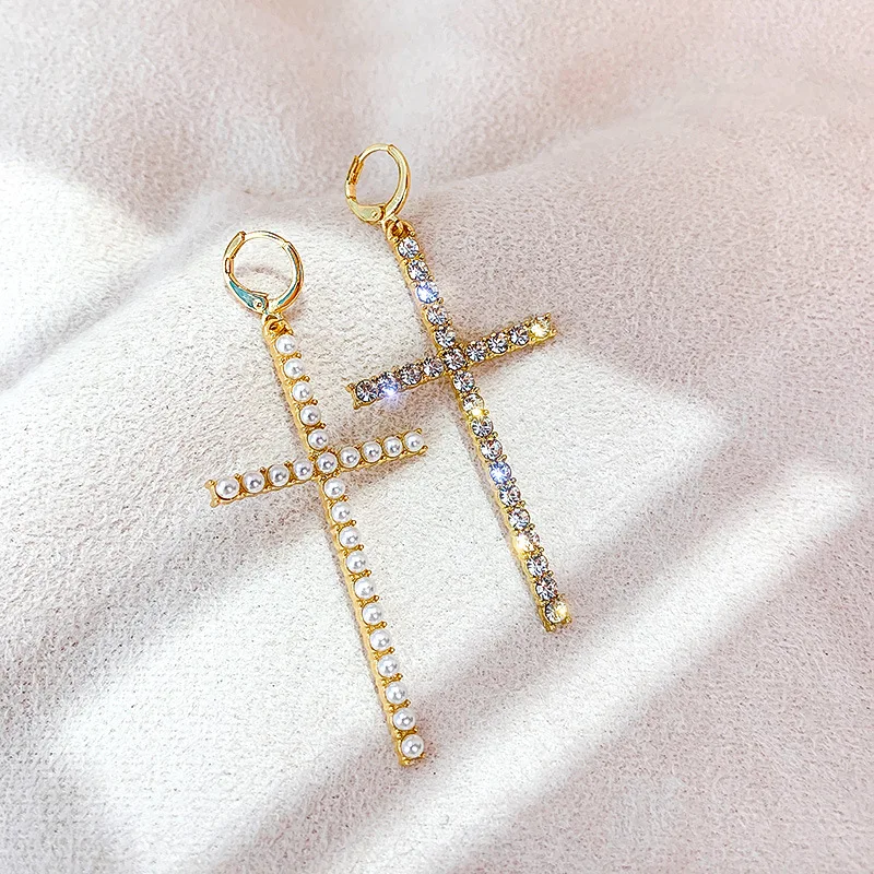 

fashion crystal 10k gold plated hoop cross earrings